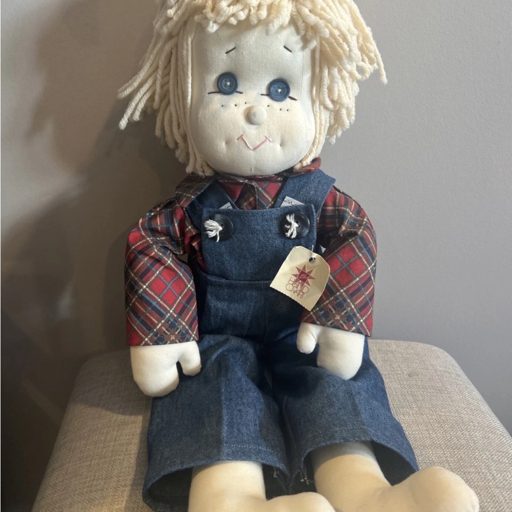 Country Boy Button Eye Denim Overalls Doll by Hand Craft